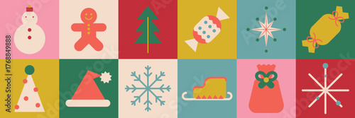 Retro vector with pastel colors featuring Christmas icons. Flat style vector with snowman, tree, candy, and snowflakes. Fun and colorful flat icon, festive holiday and Christmas element set.