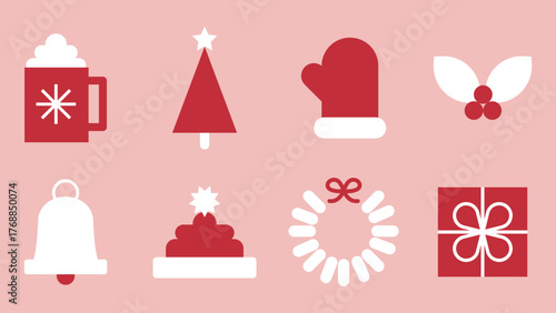 Flat vector icons in red and white, featuring holiday themes like gifts and trees. Simple flat vector style for festive concepts. Cute flat graphic illustration festive holiday and Christmas elements.