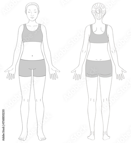 全身の女性線画イラスト（正面＋背面セット・服のみグレー）