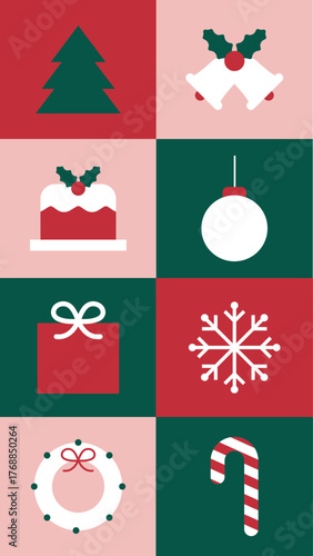 Flat vector style with festive Christmas icons in red, green, and white. Flat vector style includes tree, bells, and snowflake. Cute flat graphic illustration festive holiday and Christmas element set