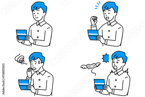 預金通帳を見る若い男性　セット