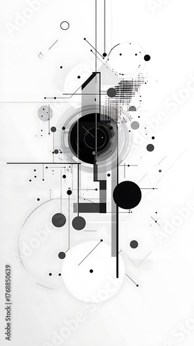 Abstract Geometric Composition with Circles, Lines, and Dot Halftone on White