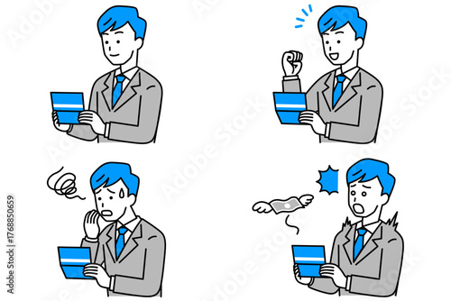 預金通帳を見るスーツの男性　セット