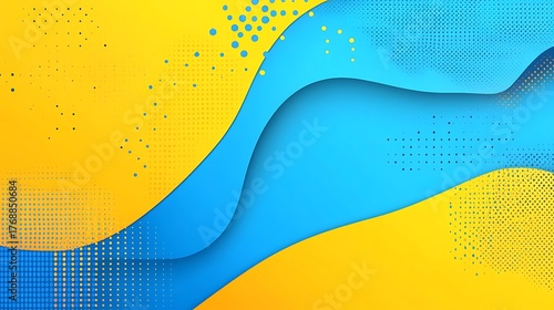 Abstract Halftone Design Blue, Yellow, and Wavy Layers Minimalist Backdrop