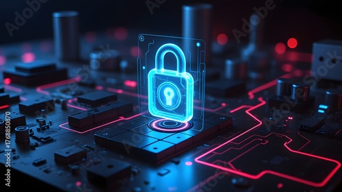 Cybersecurity protection with glowing padlock on circuit board illustrates network safety, data privacy, and secure digital transformation solutions now