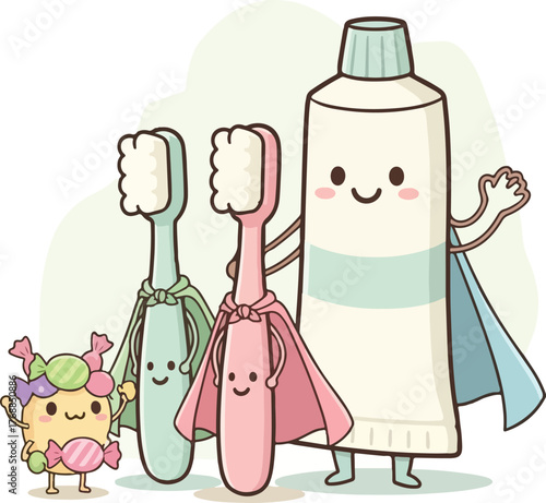Playful toothpaste and toothbrushes, dental superheroes, team up to combat sugary candy, fostering healthy habits and smiles for happy, healthy kids' dental care.