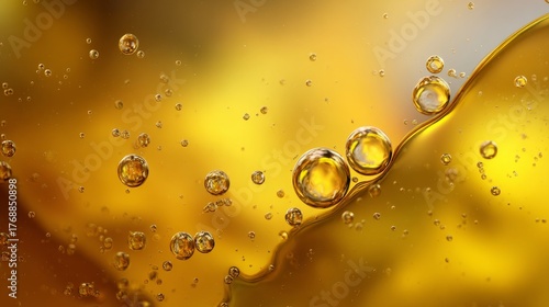 Close-up macro of olive oil texture with reflections and bubbles, 8K ultra detail, soft light, copy space, abstract background. 