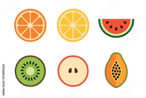 Colorful assortment of sliced fruits including orange, lemon, watermelon, kiwi, apple, and papaya arranged in a simple layout.