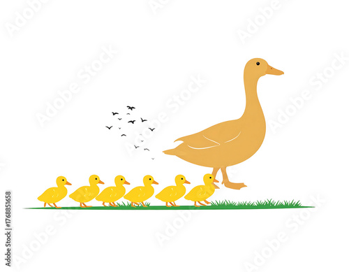A cartoon mother duck walks with six ducklings trailing, over some green grass, all on a black background
