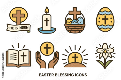Collection of easter-themed icons including a cross, candle, egg, open book, hands, sunrise, and flower, each symbolizing aspects of the holiday.