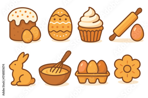 Wallpaper Mural Collection of easter-themed baked goods and baking tools, featuring decorated eggs, a cupcake, and a rolling pin with subtle pastel colors. Torontodigital.ca