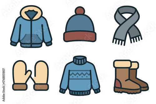 Six cartoon-style winter clothing items include a jacket, hat, scarf, mittens, sweater, and boots, all displayed in individual panels.