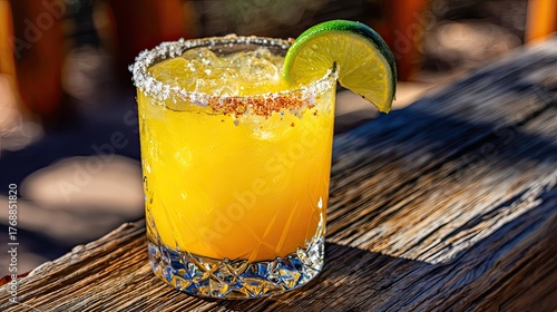 Refreshing bright yellow cocktail garnished with lime and salted rim.