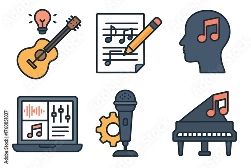 Illustrated icons representing music creation, including a guitar, sheet music, a head with a note, a laptop with controls, a microphone, and a piano.