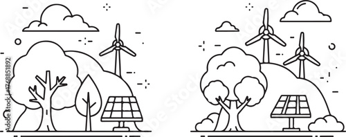 Minimalist Line Art Landscape with Renewable Energy and Nature Elements