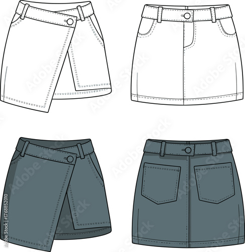 Women skirt fashion template, asymmetrical wrap skirt, mini skirt with pockets, button closure design, flat sketch, CAD garment drawing, vector illustration