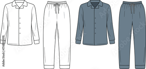 Pajama set fashion template, long sleeve shirt, drawstring pants, button up sleepwear, flat sketch, CAD garment drawing, vector illustrationPajama set fashion template, long sleeve shirt
