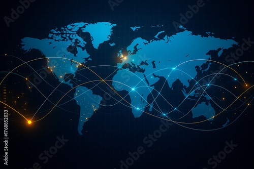 AI generated visualization of a digital world map connected by glowing data lines symbolizing global communication technology connection and information flow across continents
