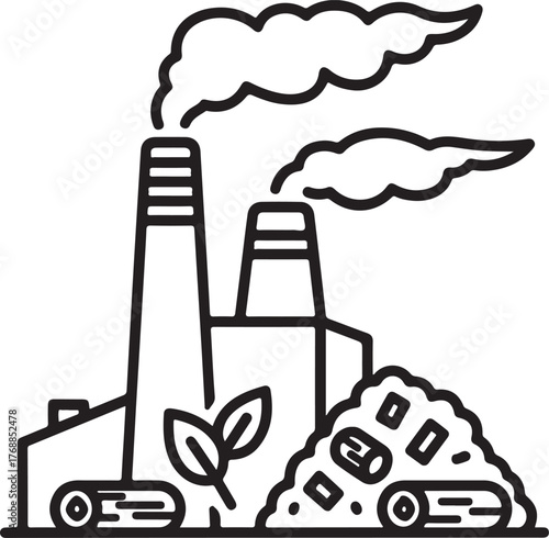 Monochromatic Line Art Icon Depicting Factory, Smoke, and Bio-Waste Pile