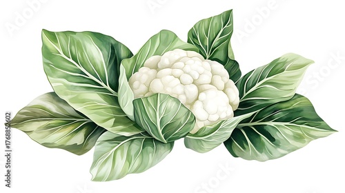 Isolated Watercolor Cauliflower Head with Lush Green Leaves on Transparent Background