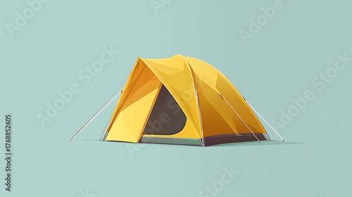 Isolated Yellow Camping Tent with Open Door on Light Blue Background