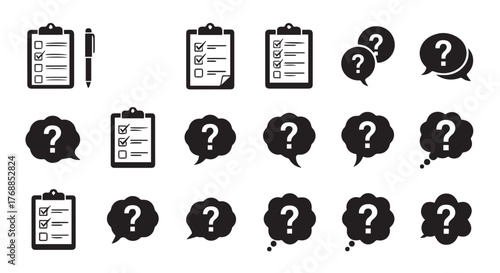 Vector Set of Black Glyph Icons for Checklists and Questions