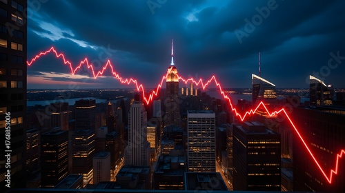 Dramatic stock market crash over stunning New York City skyline at night symbolizing financial crisis, economic recession, and investment risk in modern finance