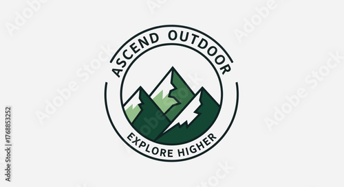 Ascend Outdoor adventure logo with mountain peaks and slogan.