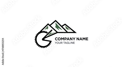 Creative mountain bike logo with gear and peaks design.