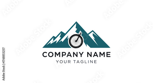 Mountain Bike Adventure Logo Design with Peaks and Wheel Symbol.