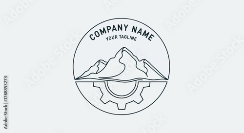 Mountain and gear circular line art logo design template.