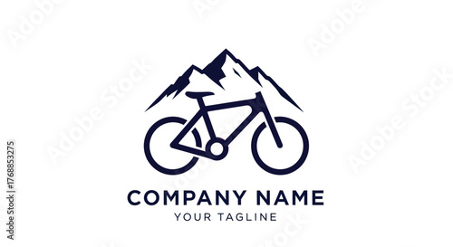 Mountain Bike Adventure Logo Design with Majestic Peaks and Bicycle Silhouette.