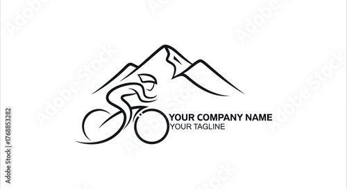Minimalist Line Art Logo of a Cyclist with Mountain Background.