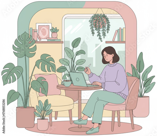 Flat vector illustration of a young woman working on her laptop in a cozy home office surrounded by green houseplants