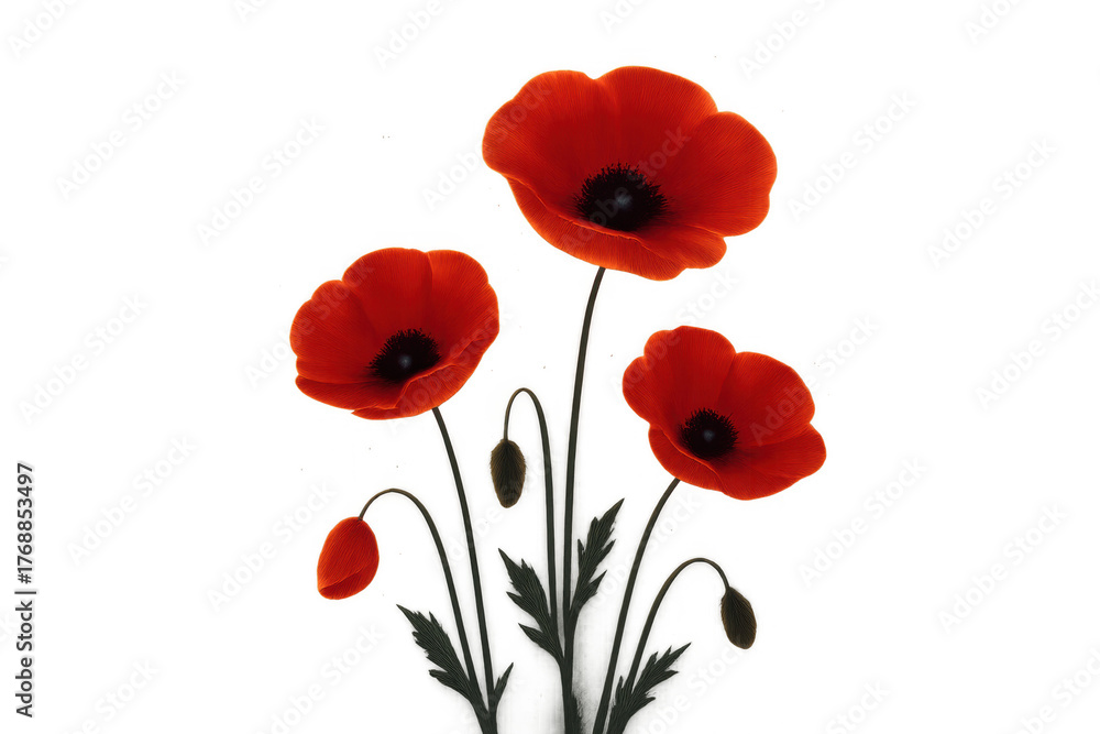 Fototapeta premium Red poppy flowers with buds and green leaves on transparent background symbolizing remembrance and peace