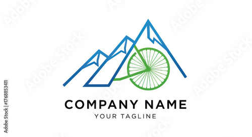 Mountain Bike Adventure Logo Design with Abstract Peaks and Bicycle Wheel.