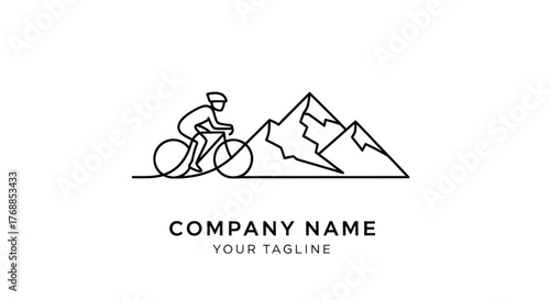 Cyclist riding a bicycle with mountains in the background line art logo.