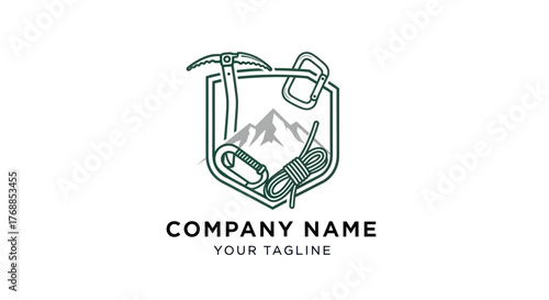 Climbing Gear Emblem with Mountains and Tools.
