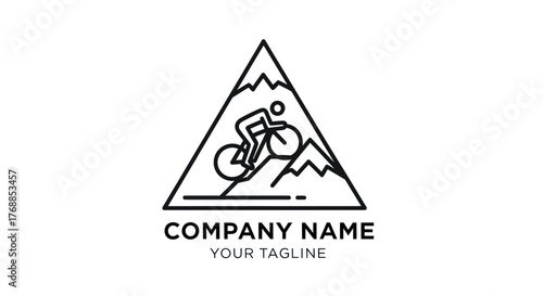 Minimalist Mountain Biking Logo Design Featuring Cyclist Silhouette in Triangle Frame.