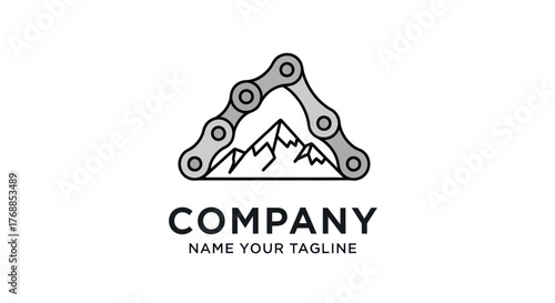 Monochrome logo of a mountain inside a bicycle chain triangle.