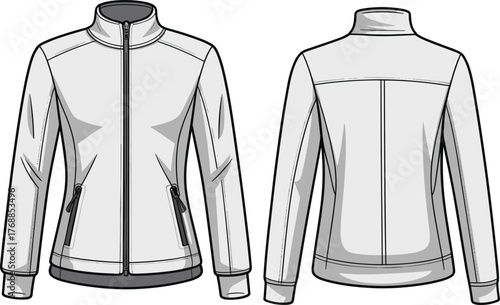 Technical jacket illustration, fashion sketch, front and back view, zipper pockets, high collar, garment design, apparel template, outerwear concept