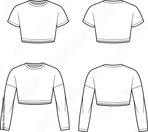 Cropped top fashion template, short sleeve t shirt, long sleeve crop top, flat sketch, CAD drawing, vector illustration, apparel design