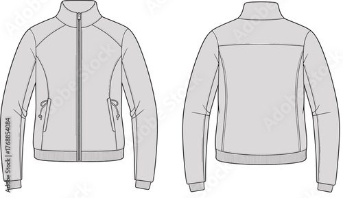 Technical jacket sketch, fashion flat drawing, front and back view, zipper pockets, ribbed cuffs, garment design, apparel template, outerwear illustration