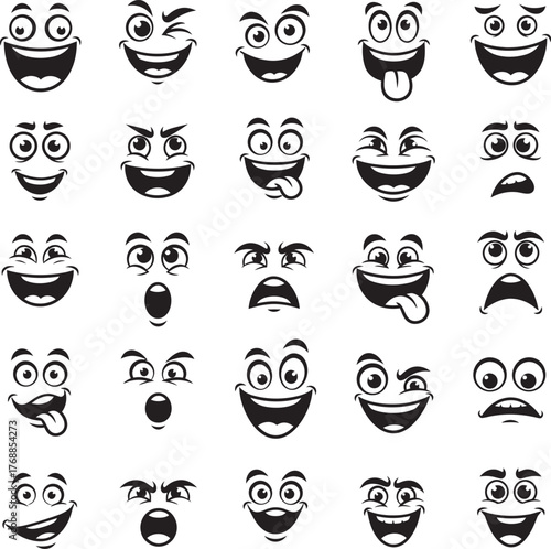 Collection of twenty five cartoon emoji faces showing various expressions engraving art design