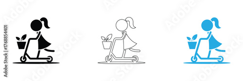 Stencil of a girl who rides a scooter. Transport for the city and rest. Sports transport for one person.,Girl on scooter with plant icon set sustainable lifestyle,editable stroke