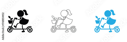 Stencil of a girl who rides a scooter. Transport for the city and rest. Sports transport for one person.,Girl on scooter with plant icon set sustainable lifestyle,editable stroke