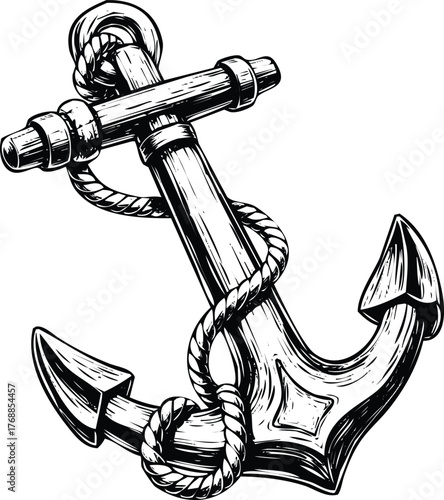 Nautical anchor with rope illustration engraving art design