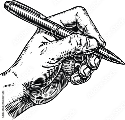 Hand holding a pen engraving art design