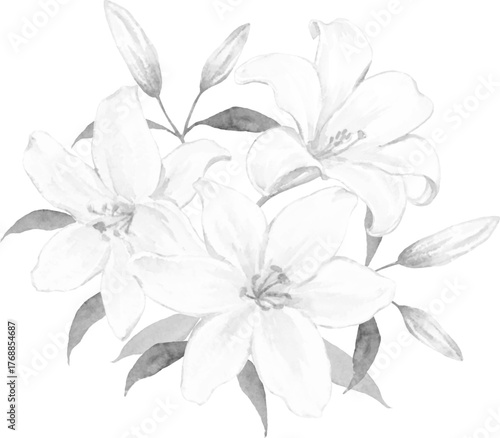 白いユリの花のブーケ　モノクロイラスト