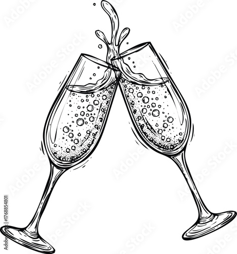 Two champagne glasses toasting, engraving art design